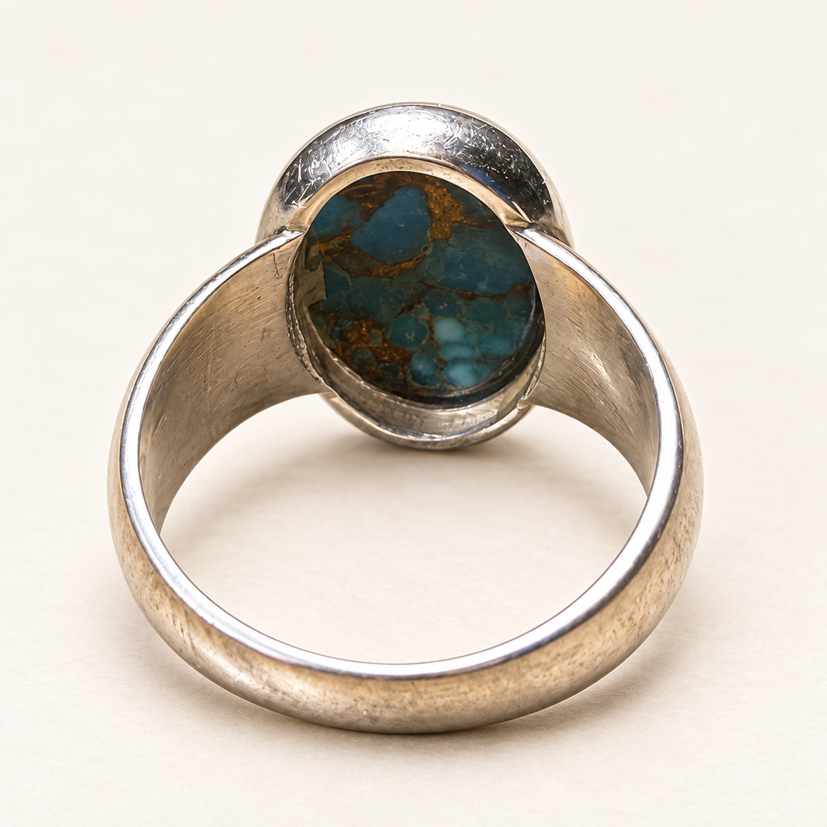 Rear view of blue copper turquoise ring