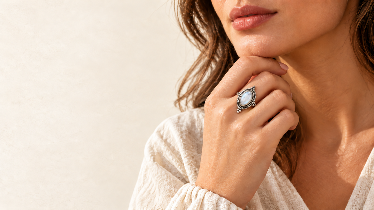 Model wearing Akira Jewels rainbow moonstone teardrop sterling silver ring