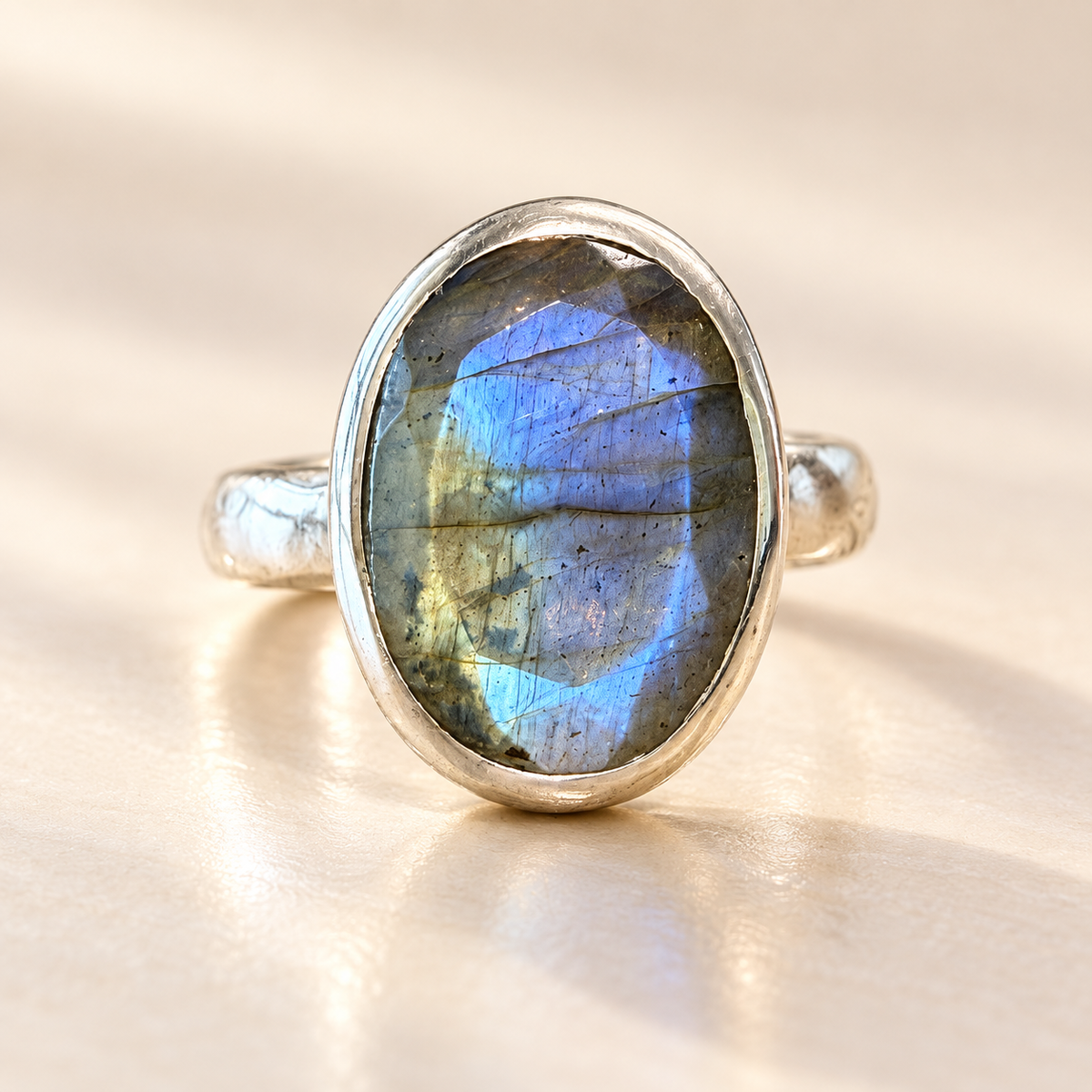 Labradorite cabochon ring, front view