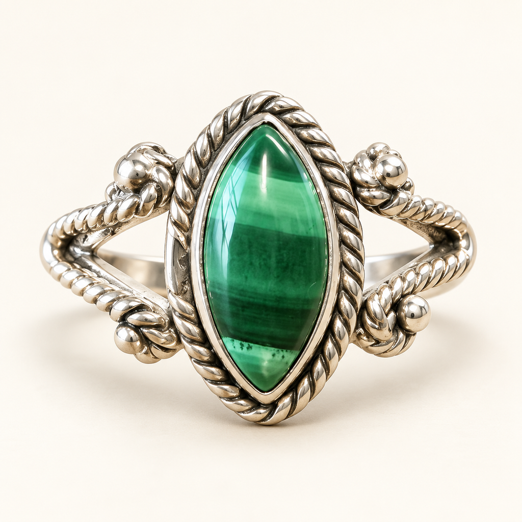 Malachite marquise ring, front view