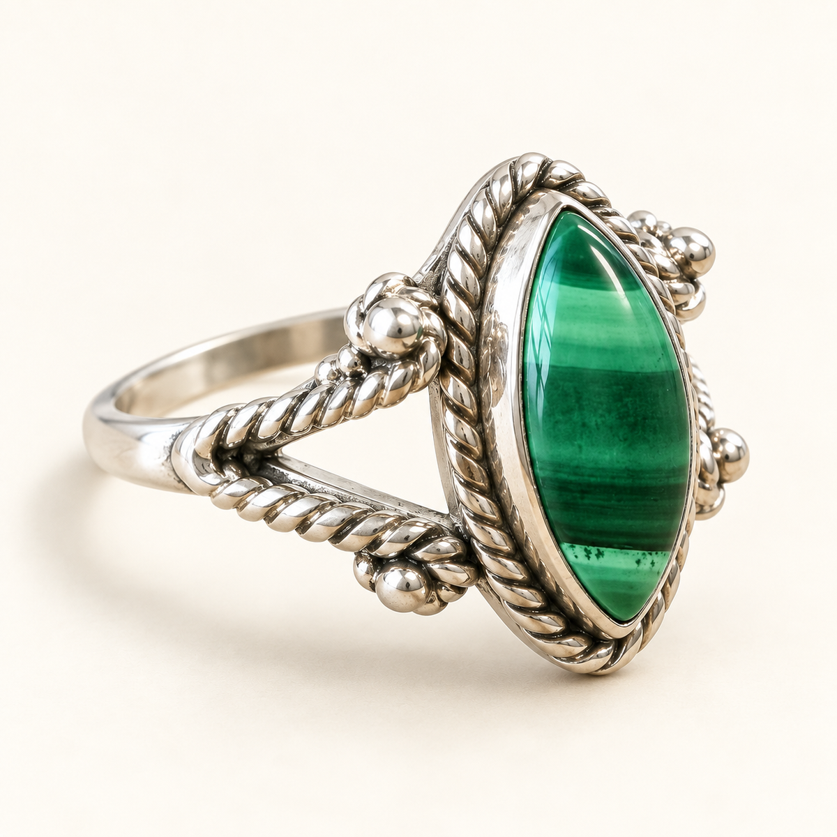 Three-quarter view of malachite ring
