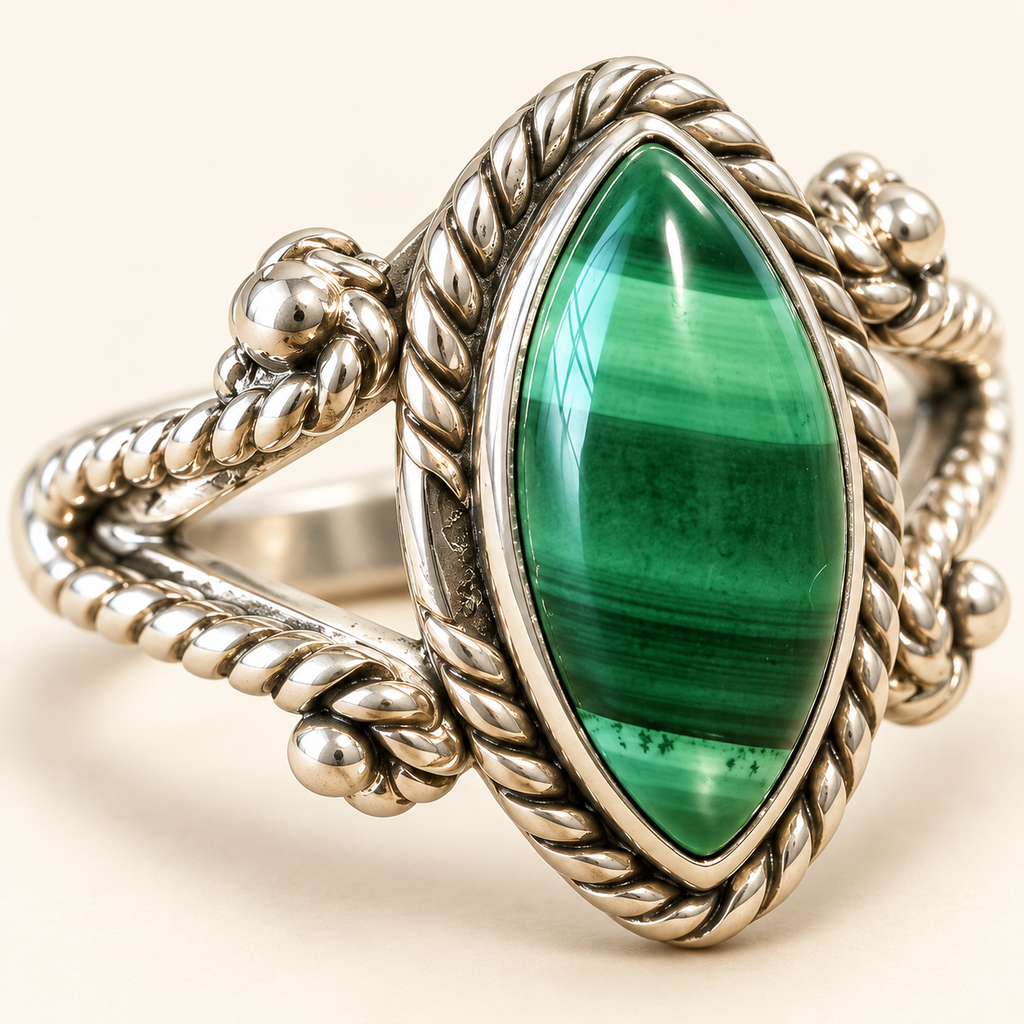 Close-up of malachite gemstone and silver detail