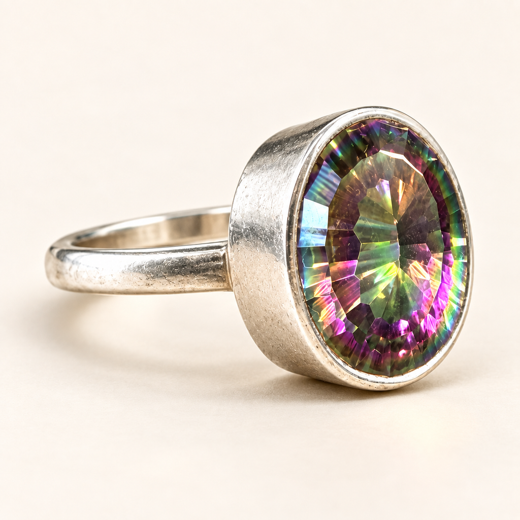 Three-quarter view of mystic quartz ring
