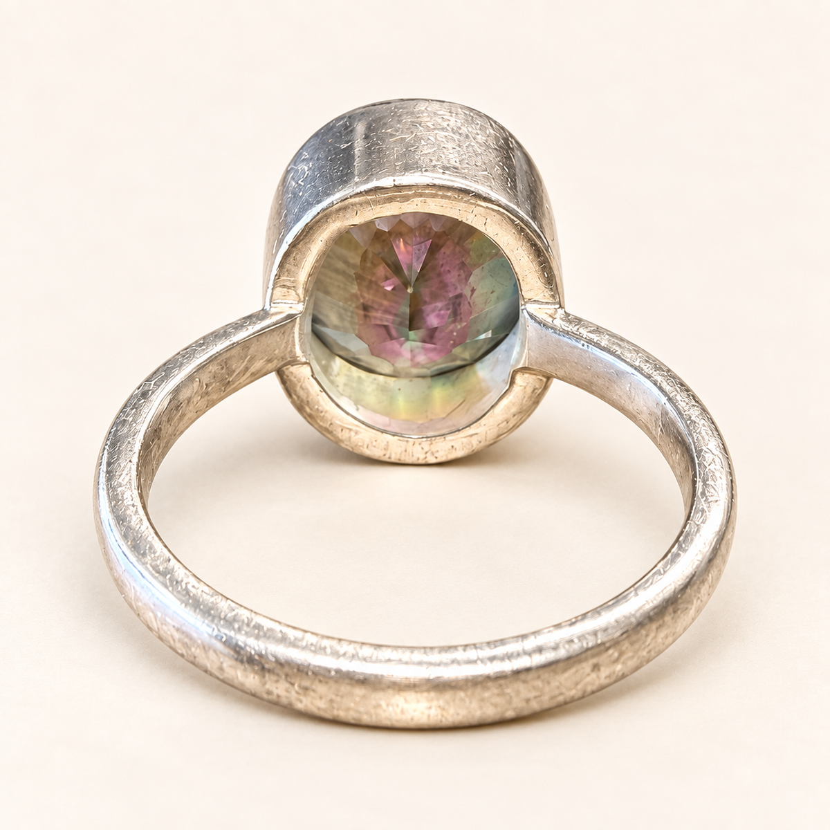 Rear view of mystic quartz ring setting