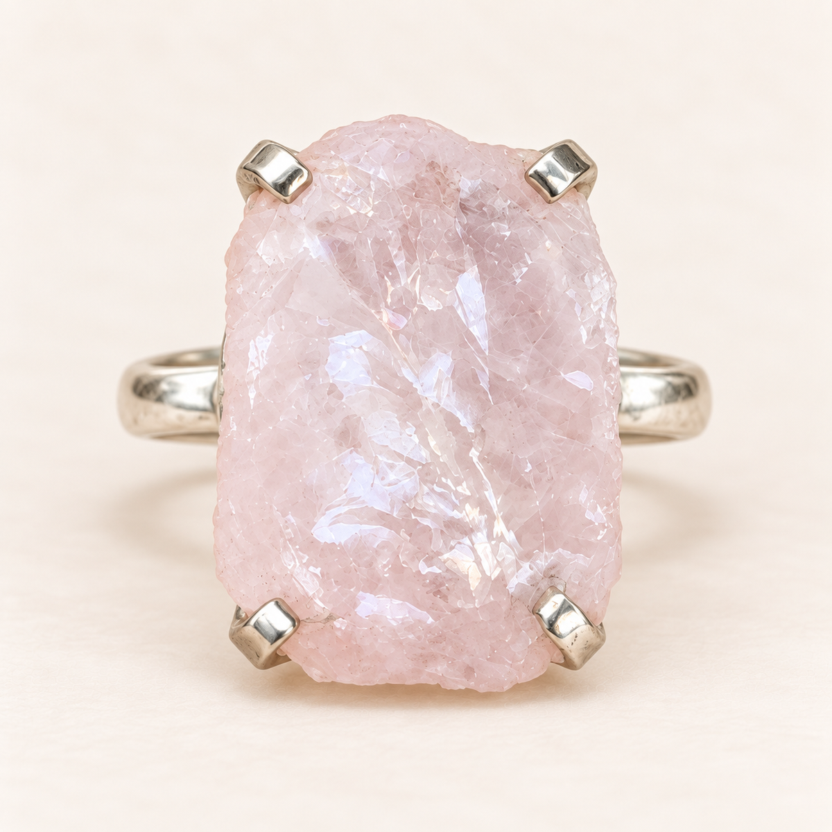 Raw rose quartz ring, front view
