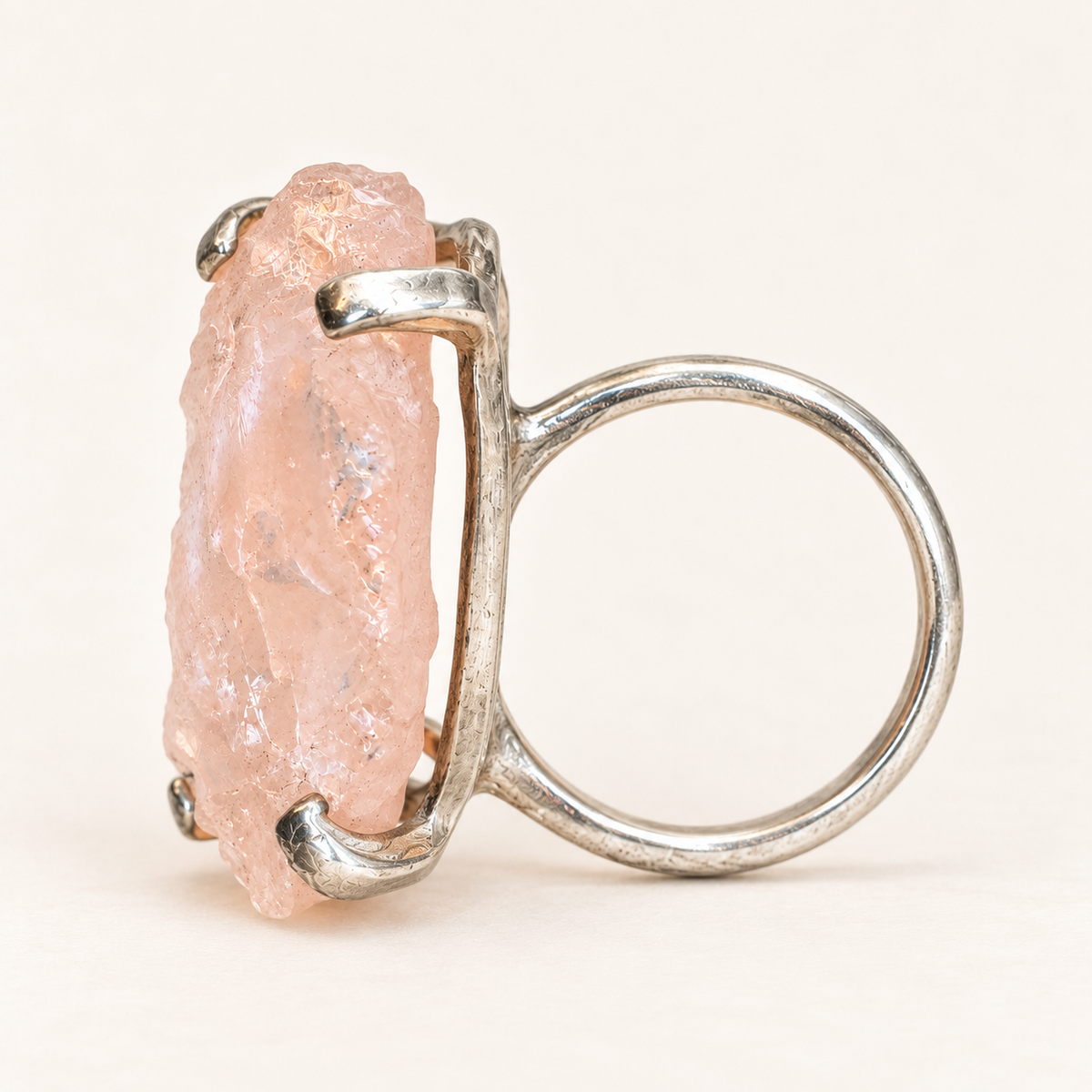 Side view showing raw rose quartz thickness