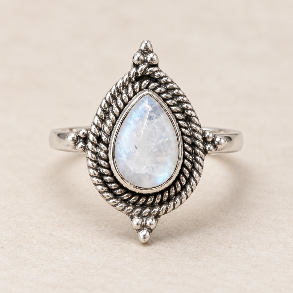 Rainbow Moonstone Teardrop Ring, front view