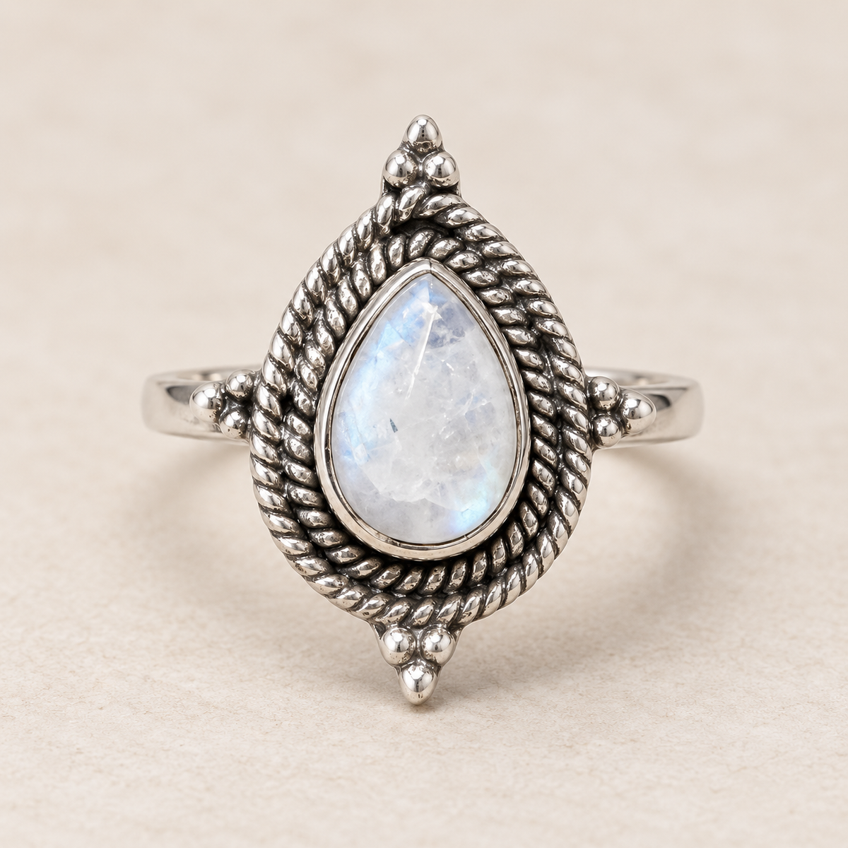Rainbow Moonstone Teardrop Ring, front view